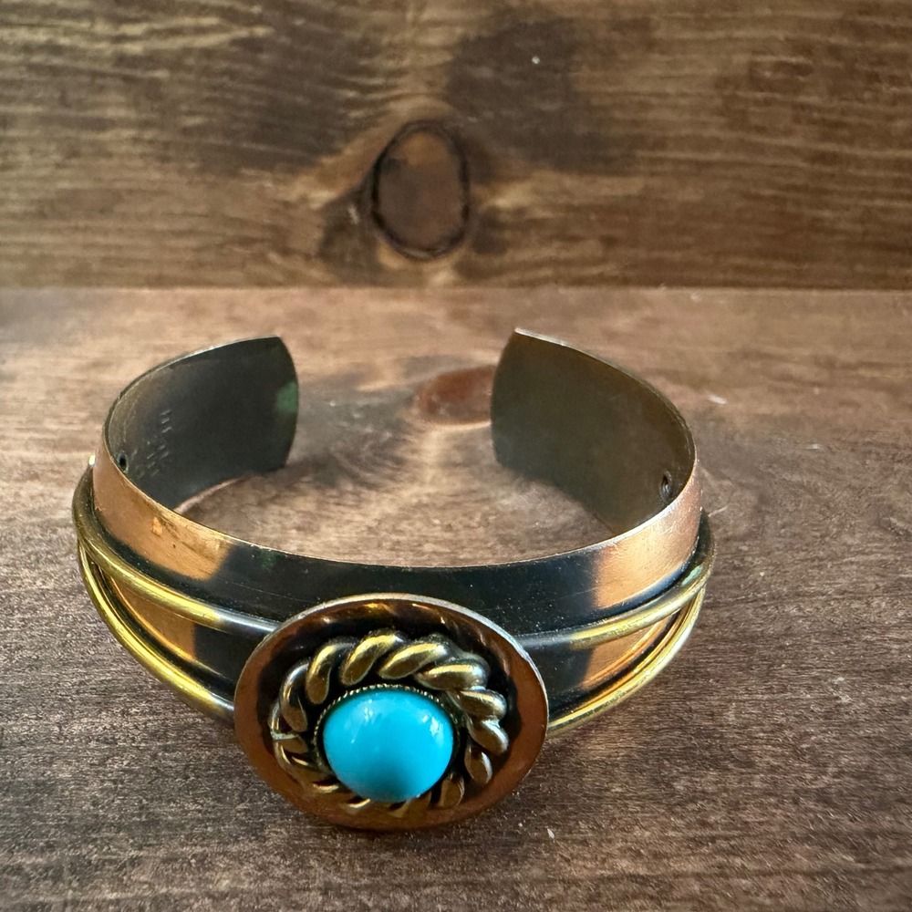 Vintage Genuine Copper Cuff Bracelet Turquoise Cabochon Brass Accents Southwest